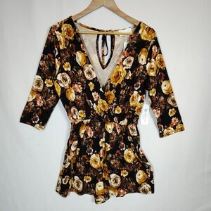 French Grey Romper Women XL Black Yellow Floral NWT Surplice V-Neck Keyhole Back